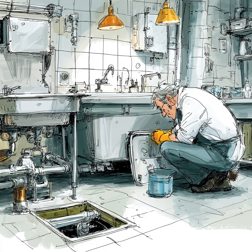 Illustration of a service technician opening a floor grease trap in a restaurant kitchen