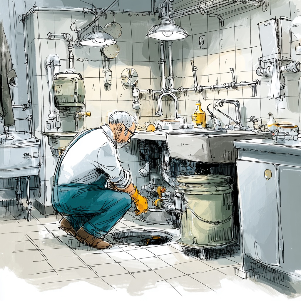 Illustration of a technician inspecting a grease trap under a commercial kitchen sink