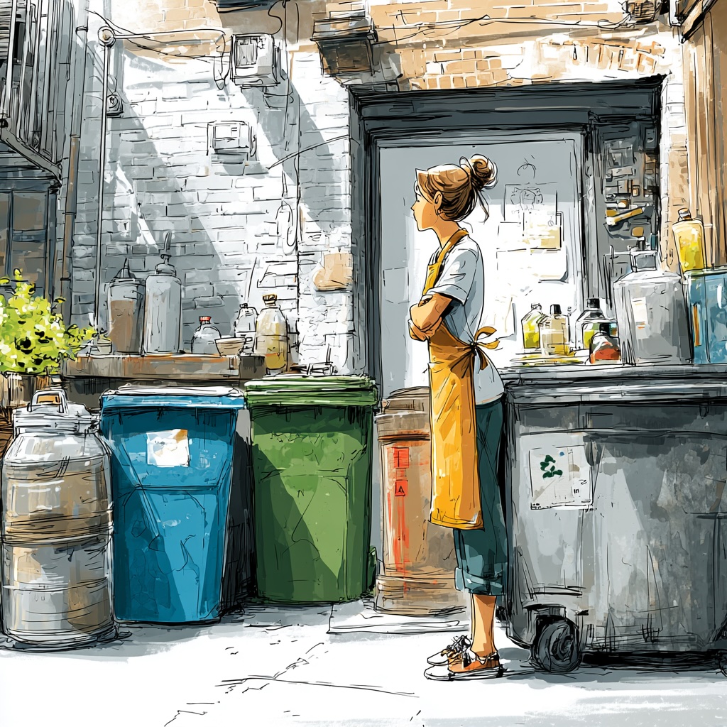 Illustration of a restaurant worker reviewing waste and used cooking oil containers in a NYC back alley