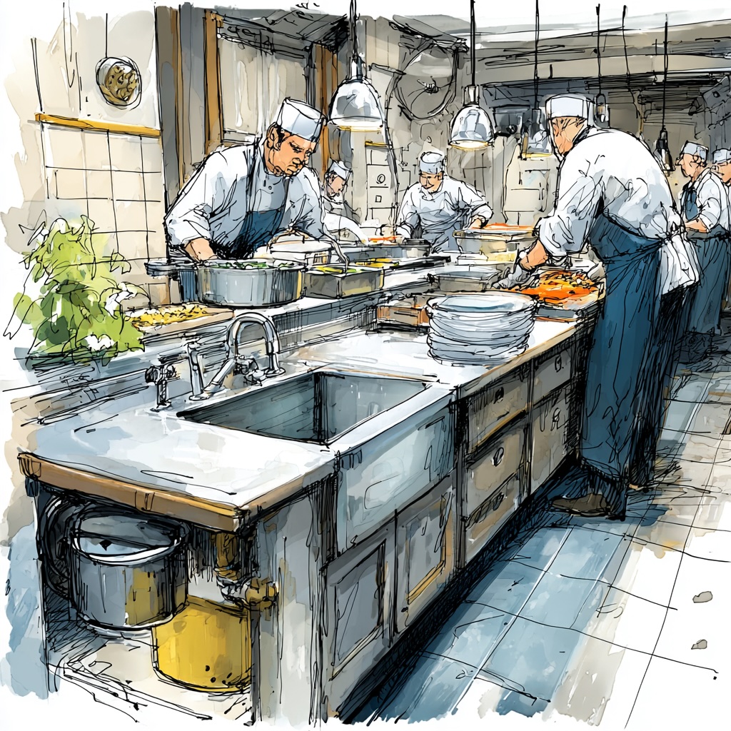 Illustration of a busy commercial kitchen line with a grease interceptor beneath the prep sink