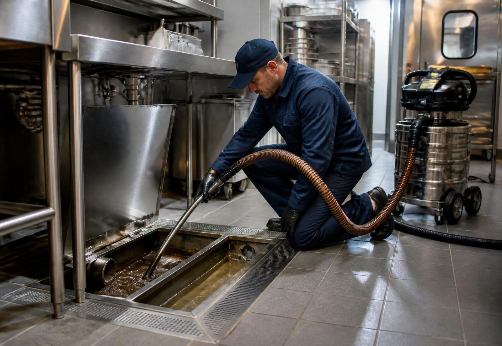 Technician pumping out a grease trap in a commercial kitchen